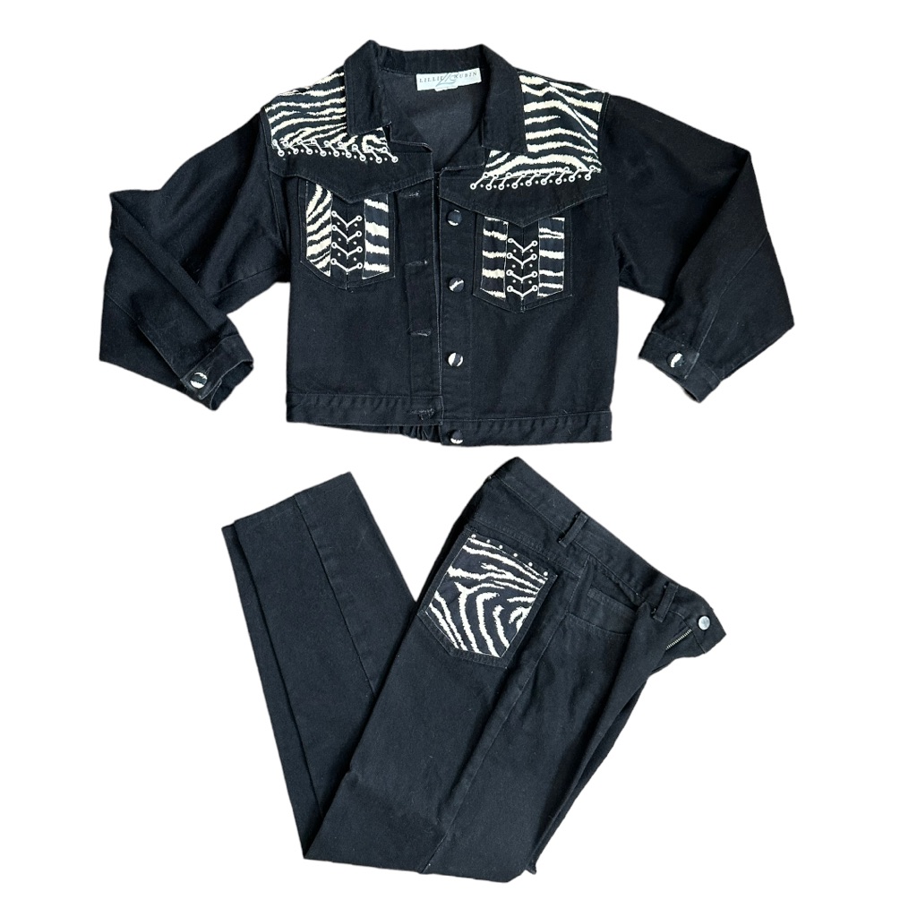 Lillie Rubin Black Jean Jacket And Pants Set With White Zebra Accents